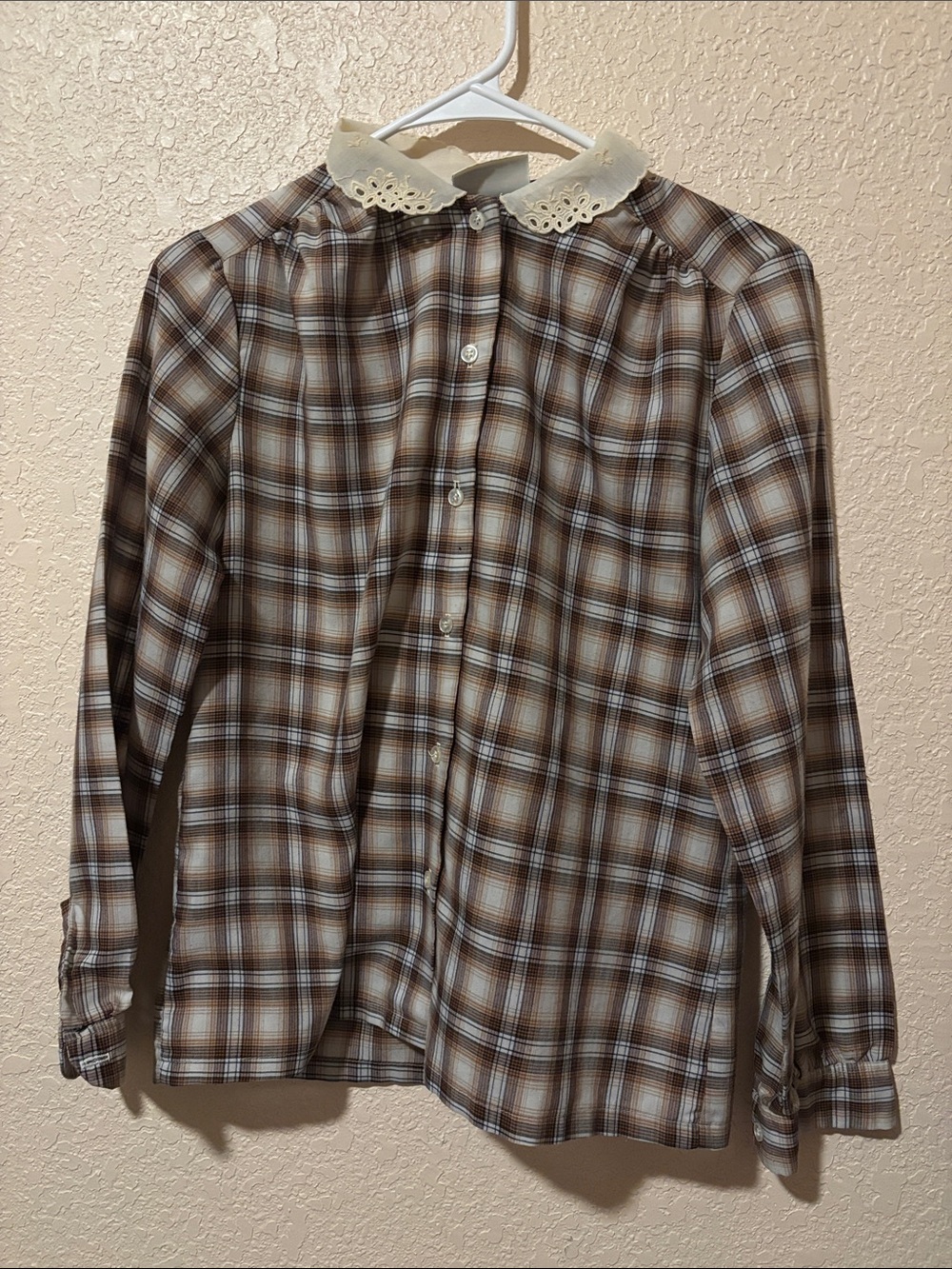 Avon Brown and Cream Plaid Button-Down Shirt with Lace Collar